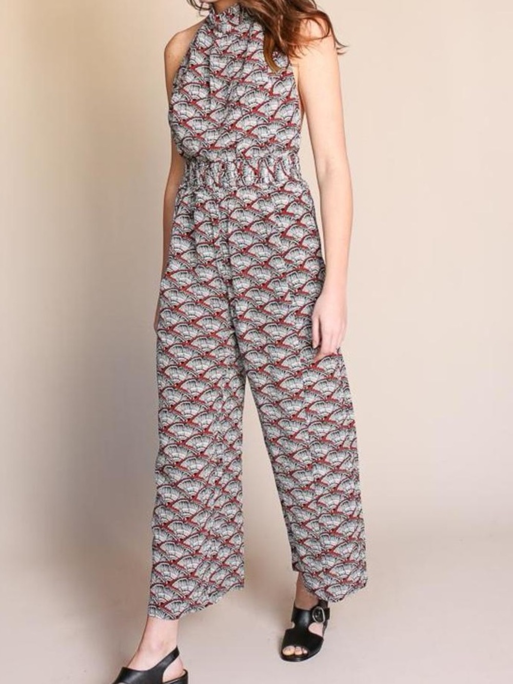 A Piece Apart Silk Halter Jumpsuit Art Deco Fan Print Wide Leg Resort Romper S